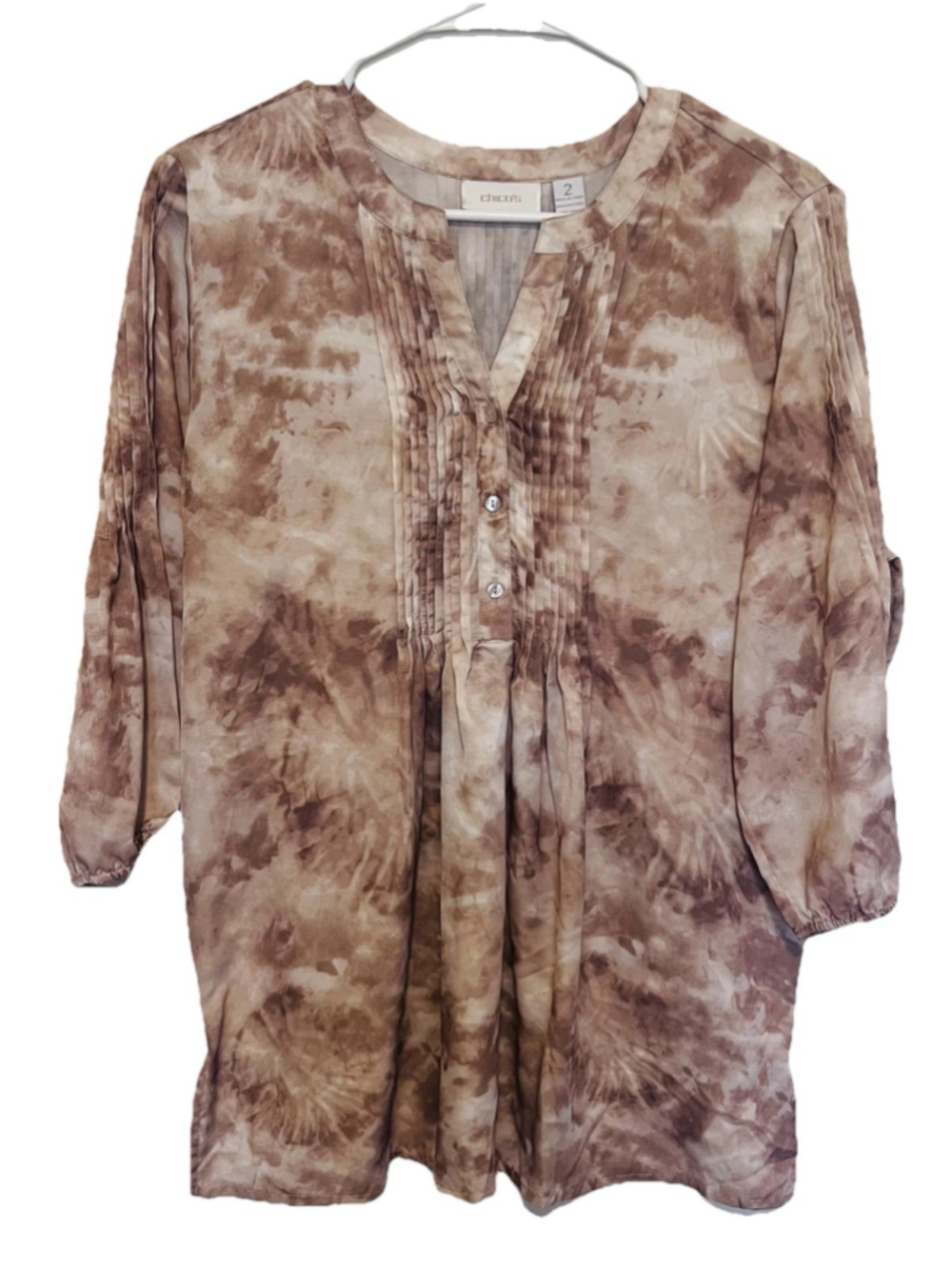 Chicos Boho Pintuck Blouse Women’s Large 2 Brown White Tie Dye 3/4 Sleeve Tunic